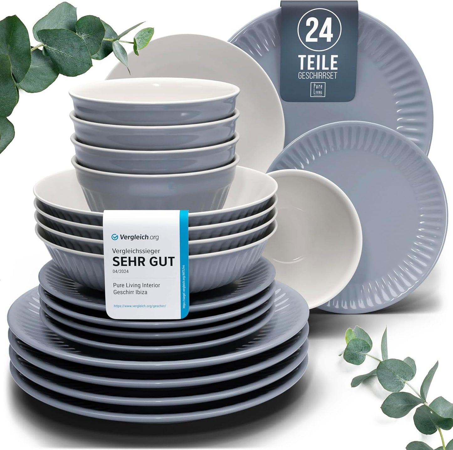 Keramikgeschirrset für 6 Personen, Hygge, 24-teilig. TESTSIEGER Verträumtes skandinavisches Steingut-Geschirr-Set mit Schüssel und Teller für 6 Pure Living-Geschirrsets in Graublau