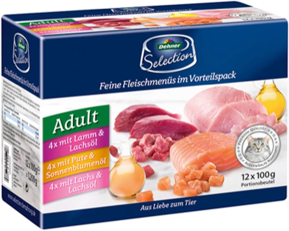 Dehner Premium Nassfutter für Katzen, Multipack, ausgewachsene Katzen, je 4 Stück: Lamm / Truthahn / Lachs, 12 Beutel x 100 g (1,2 kg)