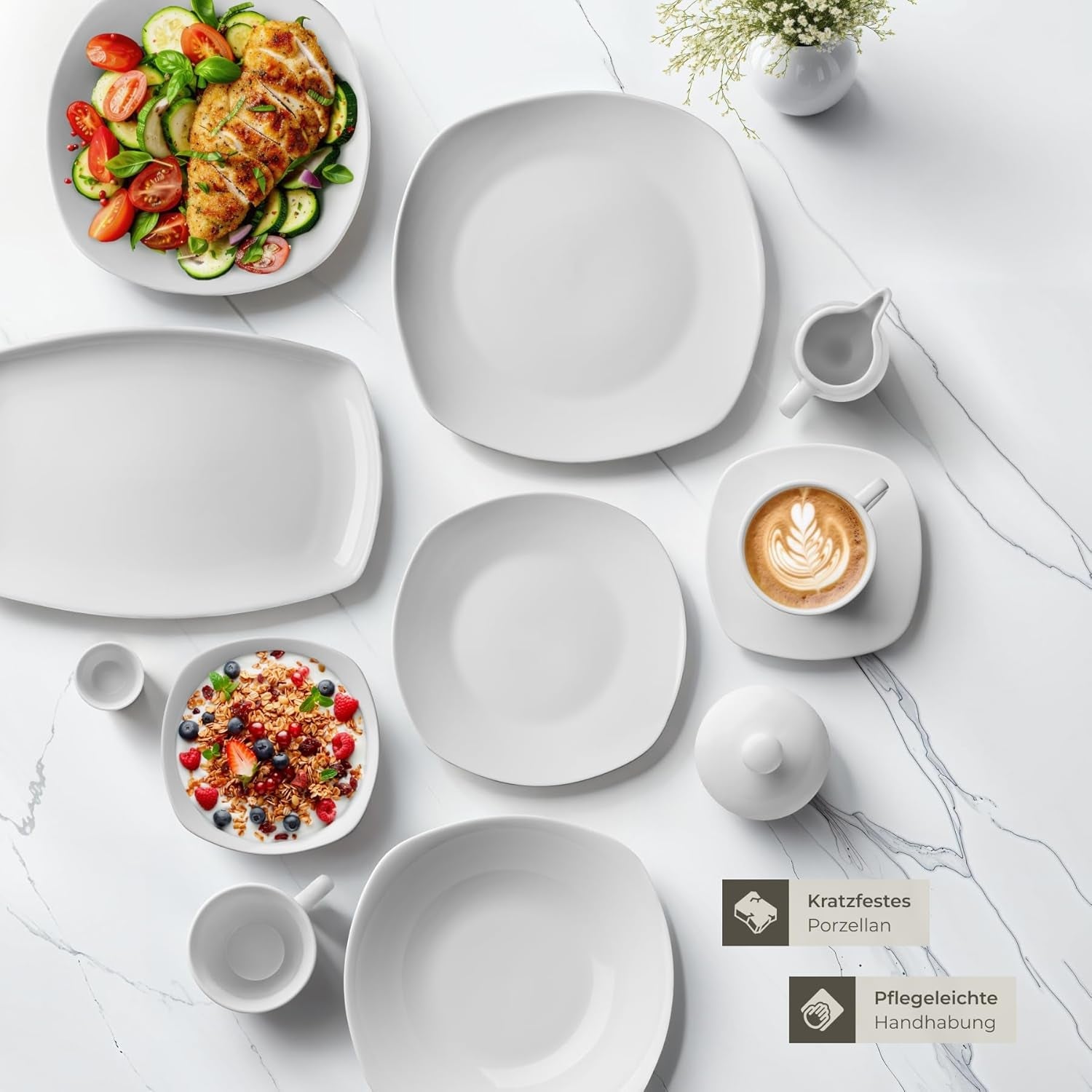 tectake® 12-Personen-Geschirrset, 100-teiliges Porzellan-Geschirrset, bestehend aus 12 Tellern, 12 Desserttellern, 12 Speisetellern, 12 Tassen, 12 Müslischalen, Salatschüssel, Milchkännchen, Zuckerdose