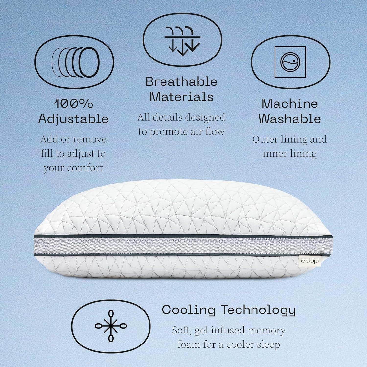 Coop Home Goods Eden Cool verstellbares Kissen, King-Size-Größe, verstellbarer Gel-Memory-Schaum, weicher, atmungsaktiver Lulltra-Stoff, ideal für alle Schläfer, umweltfreundlich, Naty Shop Standard-Kissen