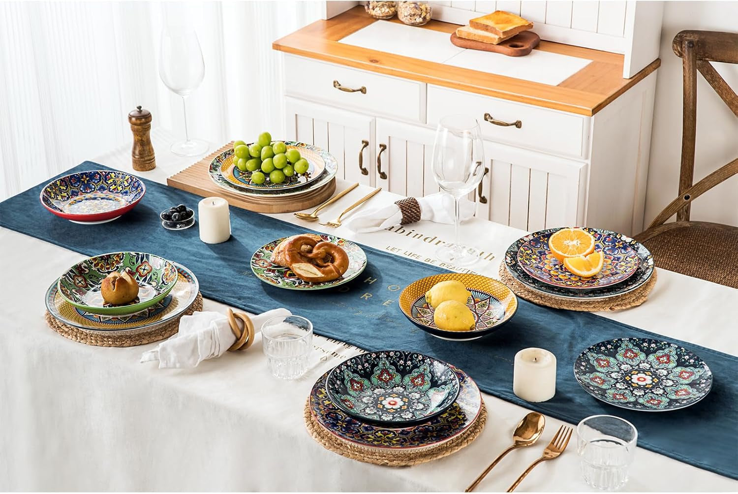 HENXFEN LEAD Porzellan-Geschirr-Set, 12-teiliges Geschirr-Set für 4, buntes Geschirr-Set für 4 – handbemalte Teller, Dessertteller, Suppenteller – Bohemian-Stil