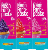 Decocino Neon-Lebensmittelfarben-Set – 3-teilig – Rot, Rosa, Lila – hochdosierte Lebensmittelfarbe – zum Einfärben von Kuchen, Muffins, Cupcakes – geschmacksneutral