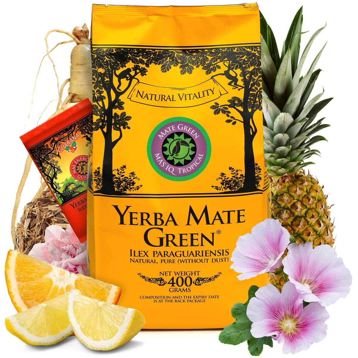 Yerba „Mas Iq Tropical“ brasilianischer Mate-Tee 400 g + 50 g Mas Energia Guarana | Fruity mate tea | Mit Ananas