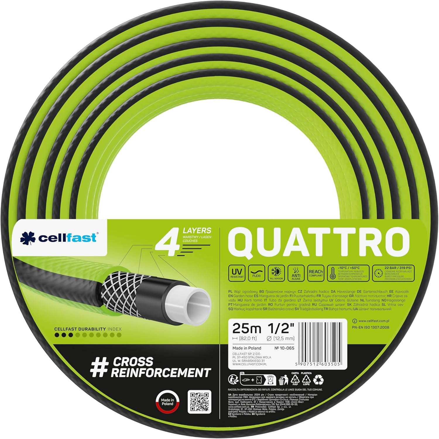 Cellfast QUATTRO Gartenschlauch, langlebig, leicht, 4-lagiger, UV-beständiger Drahtschlauch, Kreuzgeflecht, 20 Bar, 3/4 Zoll, 15 m, 10-074