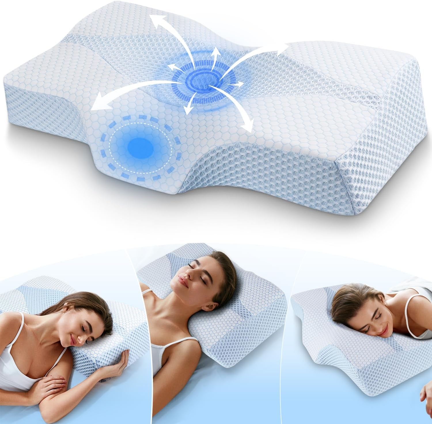 Nackenkissen aus Memory-Schaum, ergonomisches orthopädisches Kissen für Nacken- und Schulterschmerzen – kühlendes Schlafkissen für Seiten-, Rücken- und Bauchschläfer mit Nackenstütze, orthopädische Nackenkissen, Naty Shop 01-Blau (63,5 cm x 40,6 cm x 10,7/13,2 cm) Blau Weiss (63,5 cm x 40,6 cm x 10,7/13,2 cm)