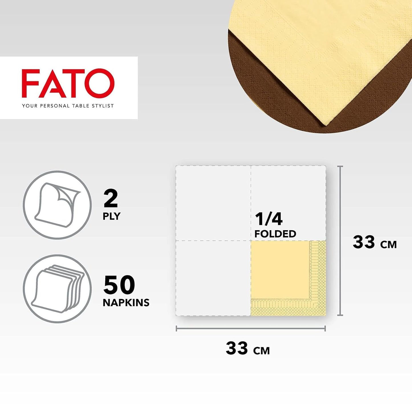 Fato – Einweg-Papierservietten, ideal für zwanglose Mittagessen und Buffets, Packung mit 50 Servietten, Größe 33 x 33, 4-fach gefaltet, 2-lagig, Champagnerfarbe, 100 % reines Zellulosepapier, FSC