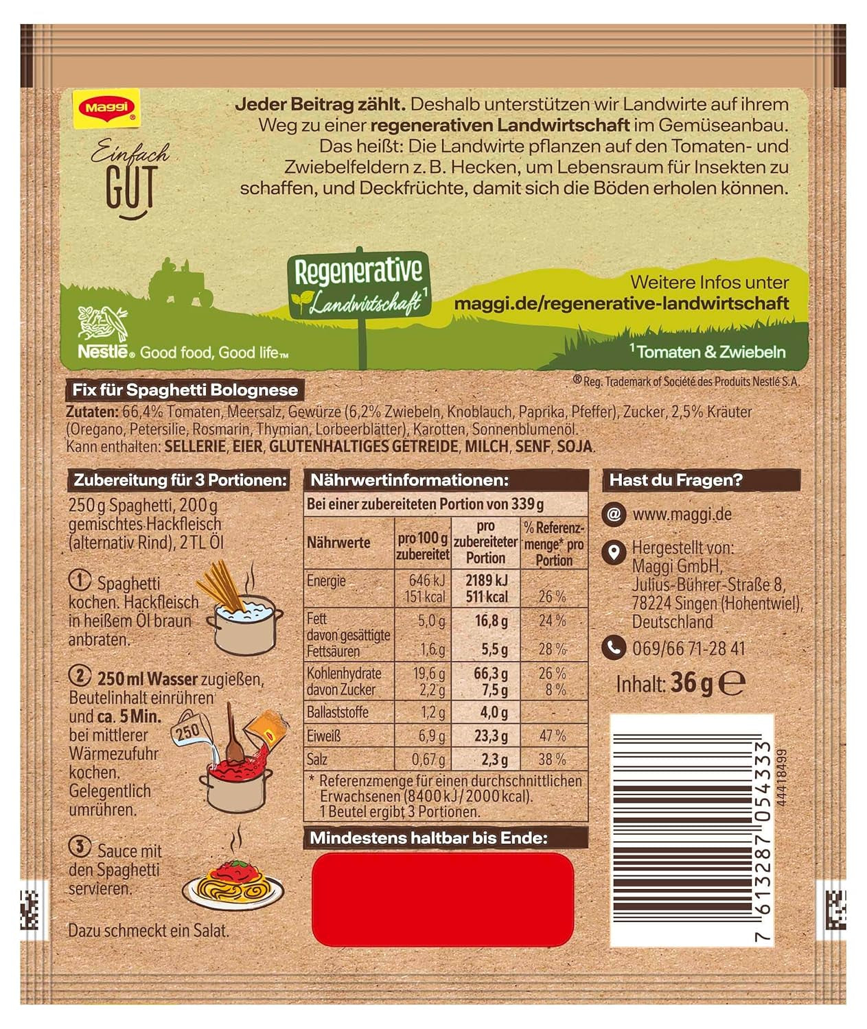 MAGGI Fix für Spaghetti Bolognese, Würzmischung, 100 % natürliche Zutaten, für 3 Portionen, 1er Pack (1 x 36g Packung)