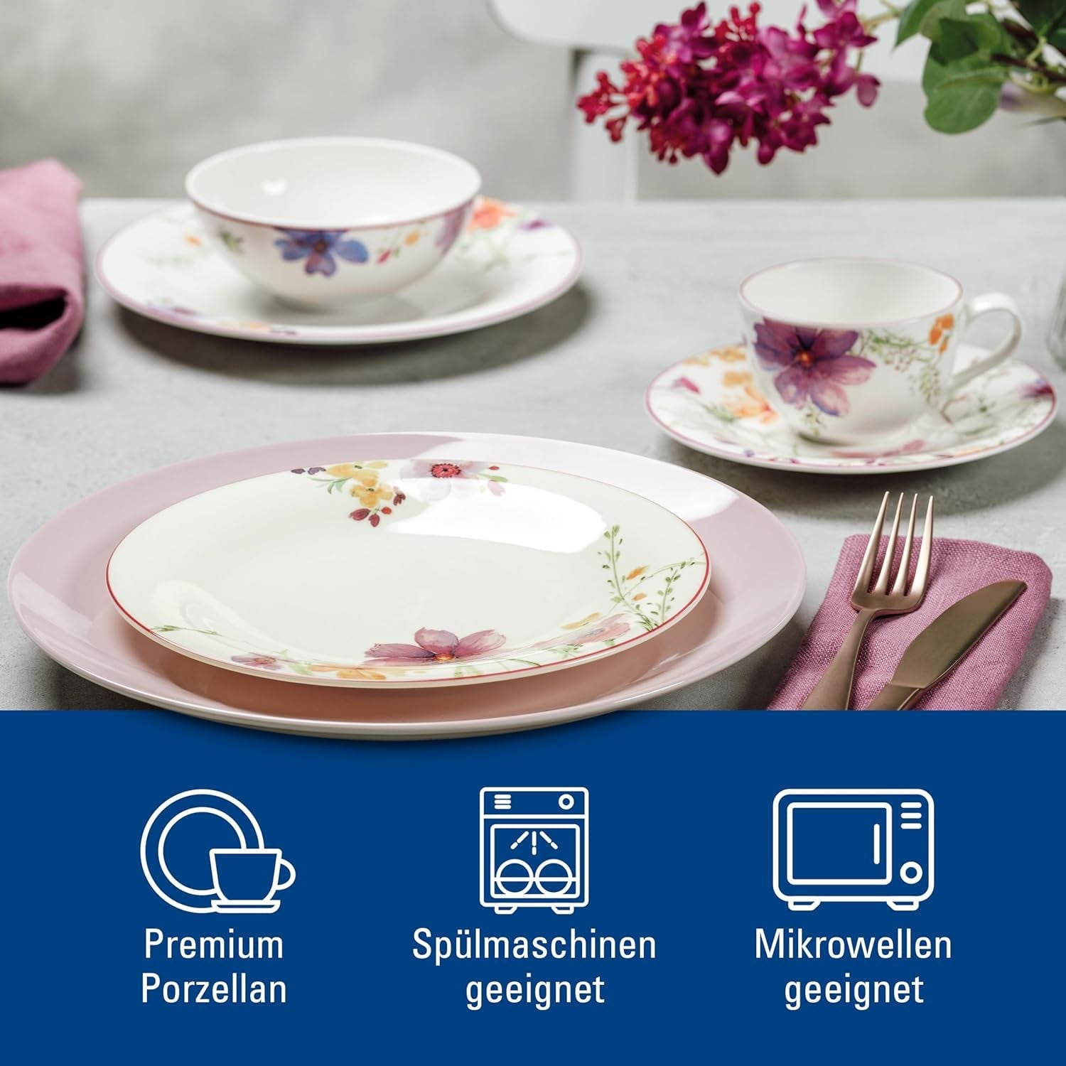 Villeroy & Boch Mariefleur Starter-Set, verschiedene Farben, spülmaschinenfest, mikrowellengeeignet, Geschirrset für 2, florales Geschirrset, Essgeschirr, Kombinationsset, Premium-Porzellan
