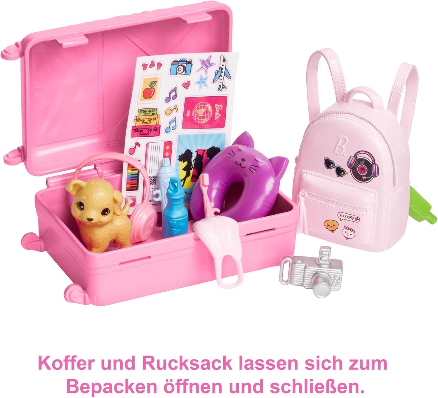 Barbie-Puppe, Reise-Barbie mit blonden Haaren, 10+ Reisezubehör, Aufkleber, Koffer, Welpe, inklusive 1 Puppe, Kindergeschenk, Spielzeug ab 3 Jahren, HJY18