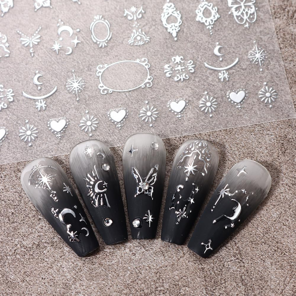 3D-Nagelaufkleber, silberfarben, metallisch, Nagelaufkleber für Frauen, Stern, Mond, Sonne, Nagelfolie, selbstklebende Aufkleber, Schmetterlings-Nagelaufkleber, Nagelaufkleber, Nageldesign-Zubehör, 8 Stück