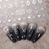 3D-Nagelaufkleber, silberfarben, metallisch, Nagelaufkleber für Frauen, Stern, Mond, Sonne, Nagelfolie, selbstklebende Aufkleber, Schmetterlings-Nagelaufkleber, Nagelaufkleber, Nageldesign-Zubehör, 8 Stück