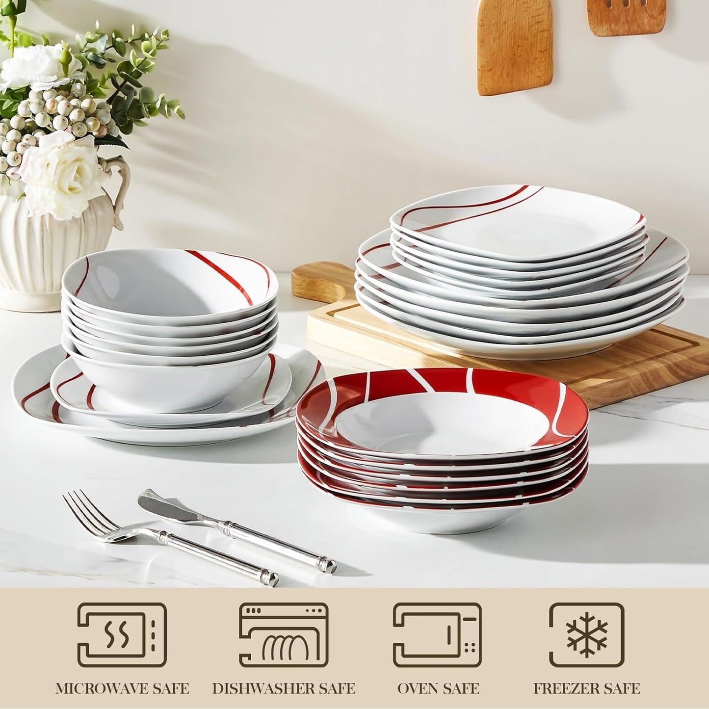 MALACASA Geschirrset für 6 Personen, Felisa Porzellangeschirrset 24-teilig, modernes Geschirrset mit 6 Speisetellern, Desserttellern, Suma-Tellern und Schüsseln, perfekt für Weihnachten und den täglichen Gebrauch