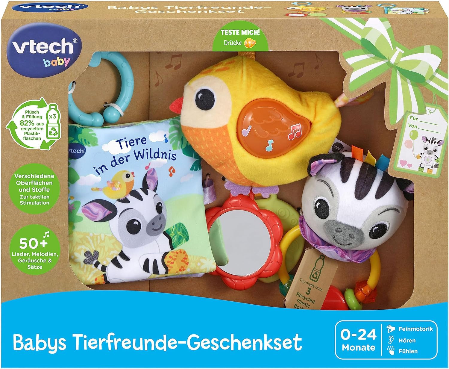 VTech Baby – Baby's Animal Friends Geschenkset – Spielzeugset mit Stoffbuch, singendem Vogel und Zebrarassel – für 0–24 Monate Babyspielzeug Naty Shop