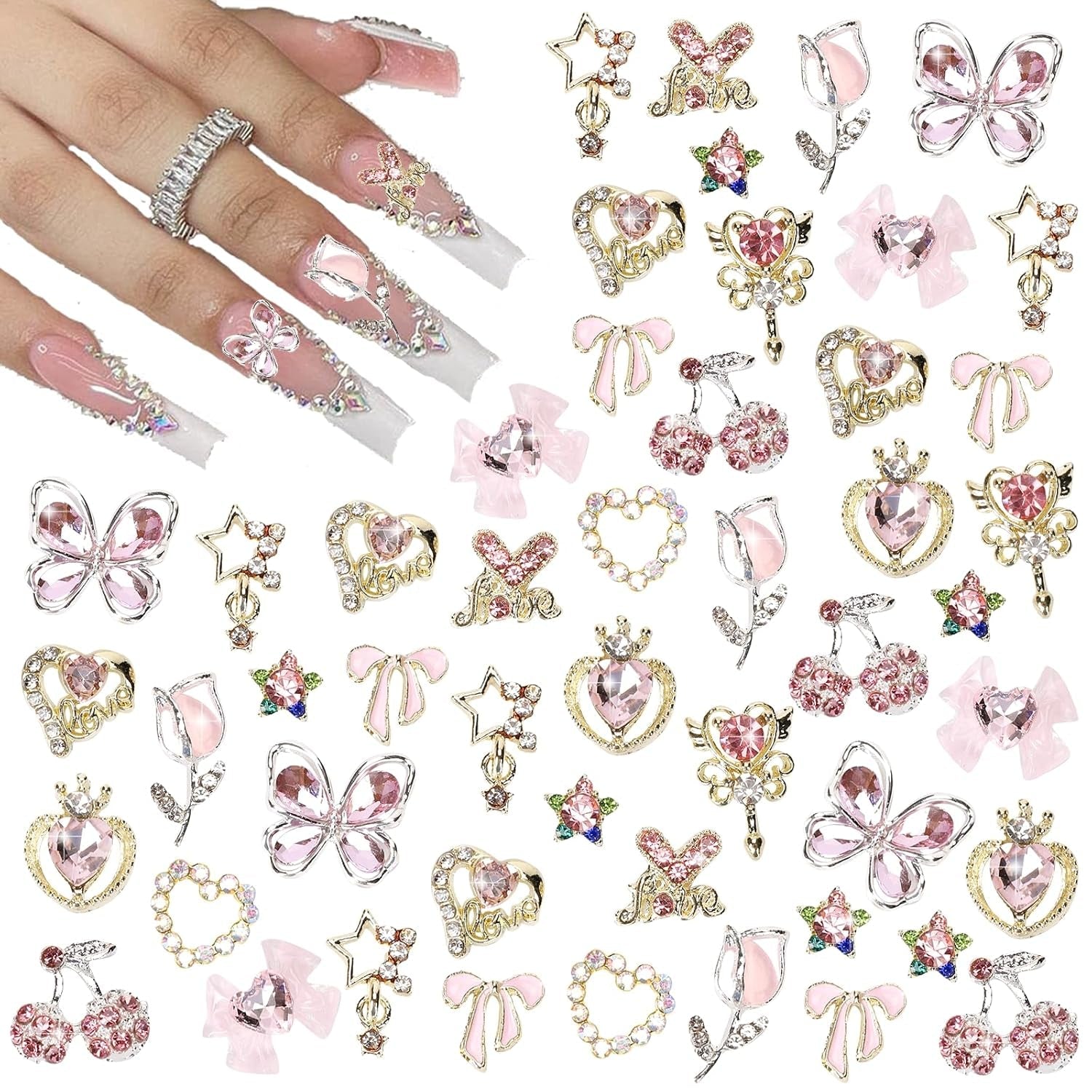 24 Stück Nagel-Charms, Y2K-Legierung, Nail Art, Strass-Charms, 3D-Herz, Stern, Schleife Mit Strasssteinen, Kirsch-Nagel-Edelsteinen, Glänzender Schmuck, Nageldekorationen, Zubehör