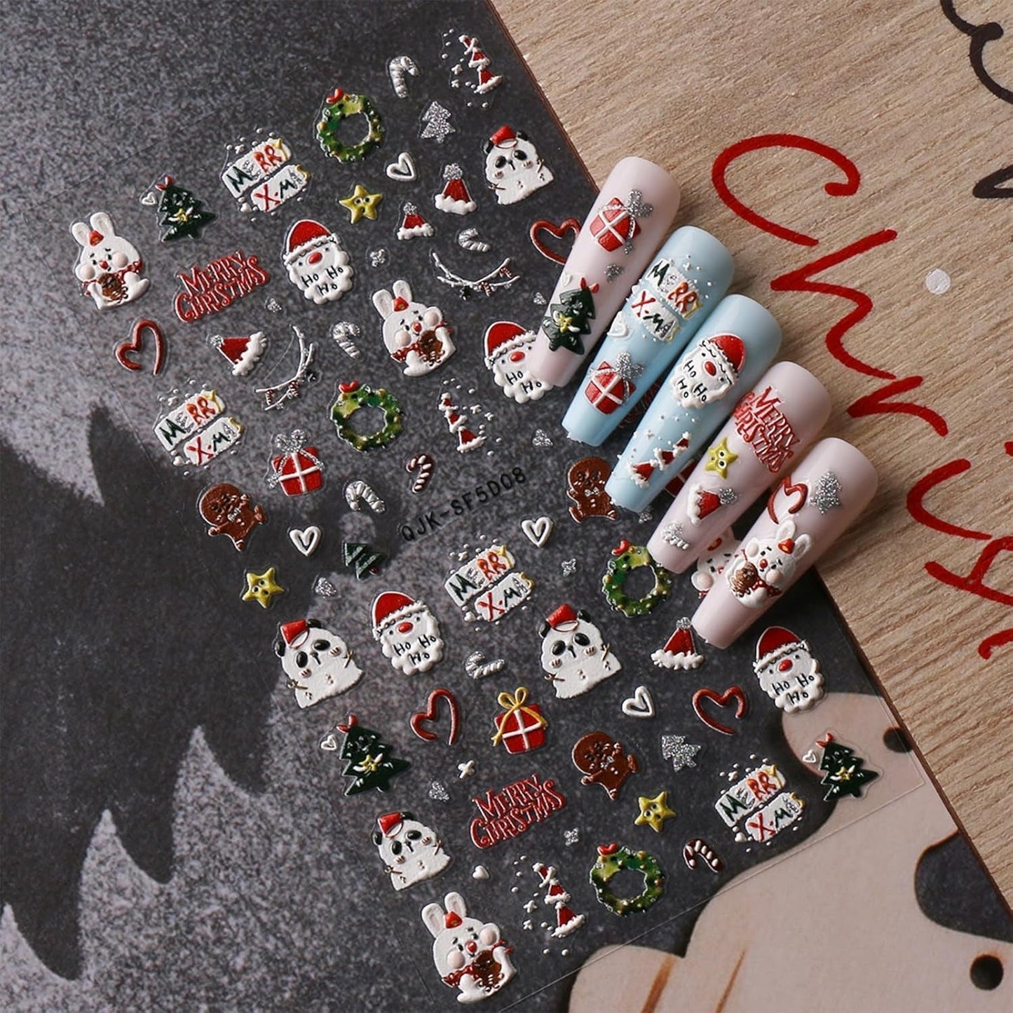 Weihnachts-3D-Nagelaufkleber, 4 Bögen, 5D-Nagelaufkleber, stereoskopische Nagelaufkleber, Dekorationen, Nageldesign-Zubehör