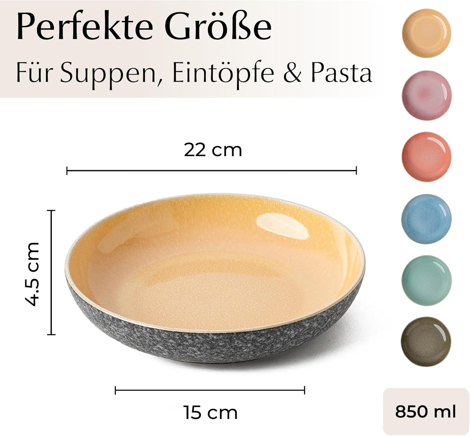 MIAMIO – Speiseteller, 6er-Set (850 ml) / große und tiefe Pastateller, Teller-Set für 6 Personen, Salatschüssel aus Keramik / spülmaschinen- und mikrowellengeeignet – Las Palmitas-Kollektion