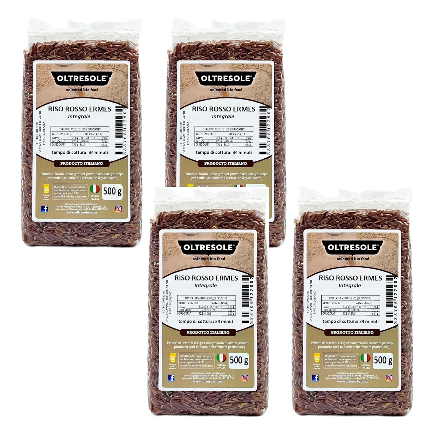 Italienischer Vollkornreis, unraffinierter Reis mit hohem Ballaststoffgehalt, ideal für kreative Reissalate und gesunde Gerichte, vakuumverpackt, 4 Packungen x 500 g