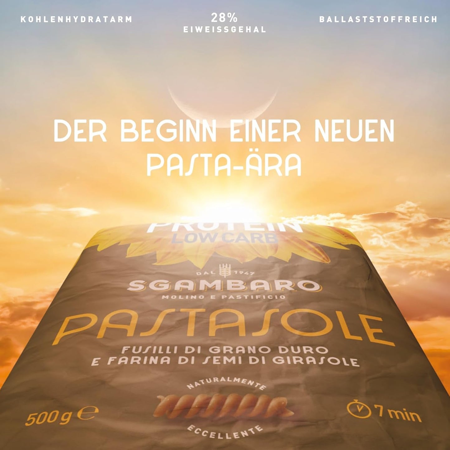 PASTASOLE , Penne Rigate mit Hartweizengrieß aus 100% italienischem Anbau und Sonnenblumenkernmehl – ​​500g – High Protein, Low Carb, Hoher Ballaststoffgehalt