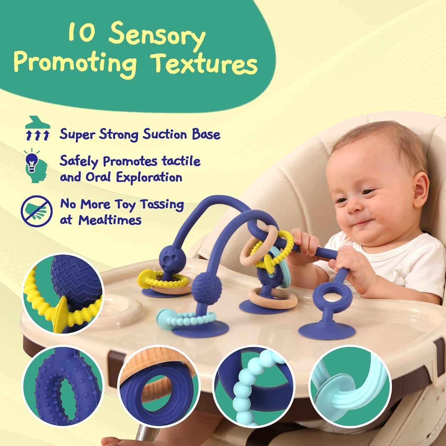 JUMBLE JANGLE Baby-Beißring: Baby-Beißspielzeug 3-24 Monate | Set mit 7 BPA-freien Kauspielzeugen | Kühlender Silikon-Beißring | Kleinkindspielzeug mit Saugnapf für Hochstuhl, Tisch und Badewanne