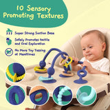 JUMBLE JANGLE Baby-Beißring: Baby-Beißspielzeug 3-24 Monate | Set mit 7 BPA-freien Kauspielzeugen | Kühlender Silikon-Beißring | Kleinkindspielzeug mit Saugnapf für Hochstuhl, Tisch und Badewanne