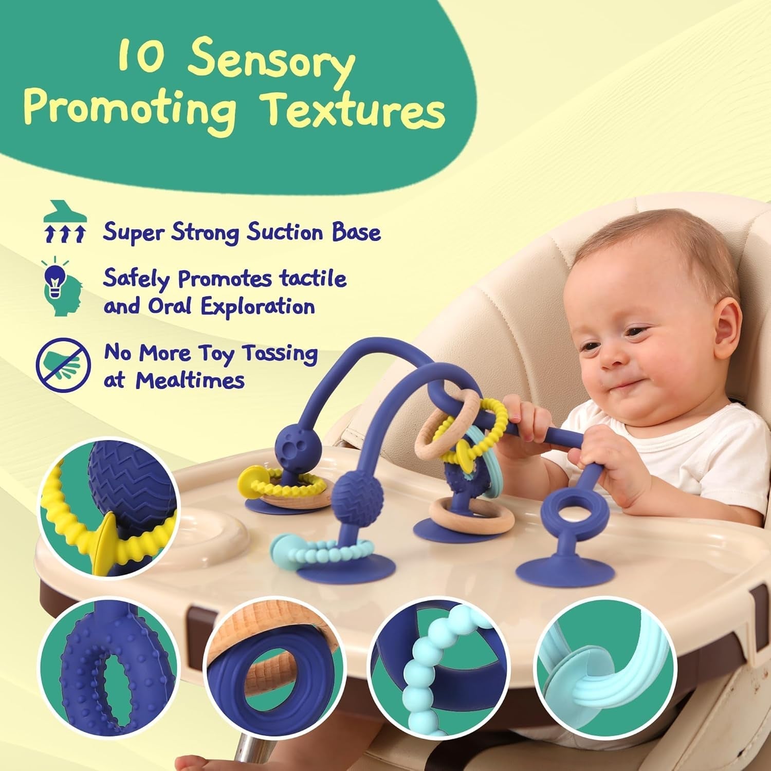 JUMBLE JANGLE Baby-Beißring: Baby-Beißspielzeug 3-24 Monate | Set mit 7 BPA-freien Kauspielzeugen | Kühlender Silikon-Beißring | Kleinkindspielzeug mit Saugnapf für Hochstuhl, Tisch und Badewanne