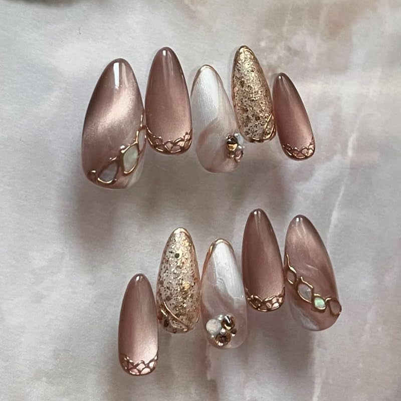 Mouyouglow Kurze magnetische künstliche Nägel, rosa mandelroter Farbverlauf, glitzerndes Katzenauge mit Kleber, rosa rote Ombre-Glitzer-Phototherapie-künstliche Nägel für Frauen und Mädchen