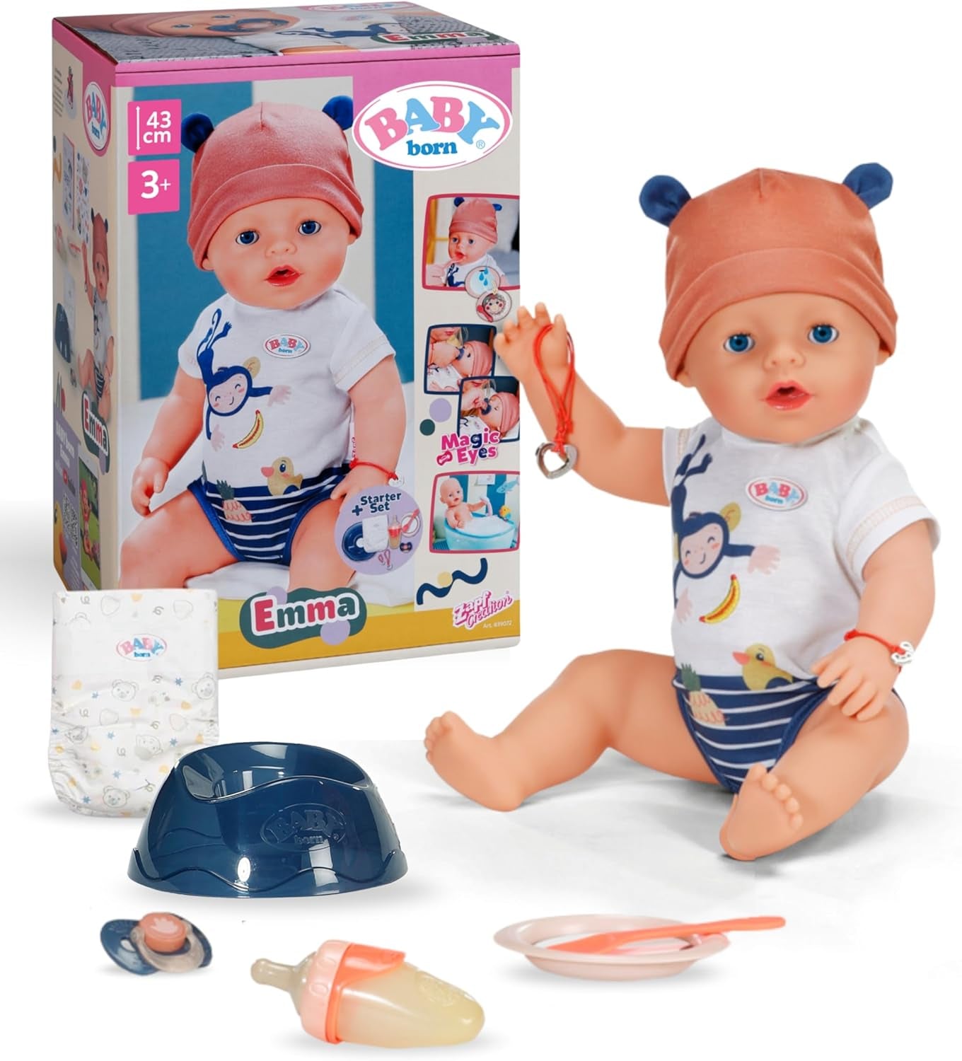 Baby Born Emma Puppe im Dschungel-Stil – 43 cm – 10 Funktionen inklusive Zubehör und Body in Unisex-Farben – Funktioniert ohne Batterien – Geeignet für Kinder ab 3 Jahren