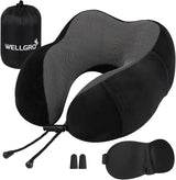 WELLGRO Nackenkissen-Set mit 3D-Schlafmaske und Ohrstöpseln – abnehmbarer Bezug – Memory-Schaum – Reißverschluss – inklusive Aufbewahrungstasche – Reisekissen – Farbe wählbar, Farbe: Grau Naty Shop Orthopädische Nackenkissen Schwarz