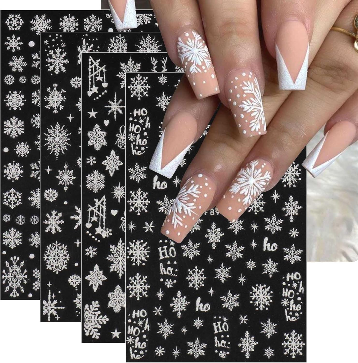 JMEOWIO Nagelsticker Weihnachten Weiß Glitter 8 Blatt Nail Art Sticker Selbstklebend Nagelaufkleber Schneeflocke Winter Urlaub Dekoration Nageldesign Zubehör