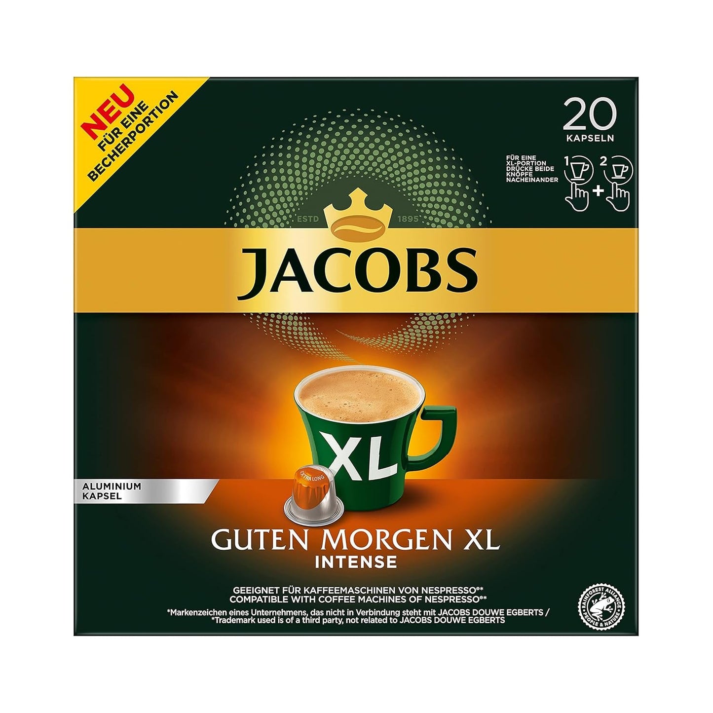 Jacobs Kaffeekapseln Guten Morgen XL Intense - 10er Pack (10 x 20 Getränke) & Kaffeekapseln Lungo Decaffeinato- Intensität 6- 200 Nespresso-kompatible Kapseln, 10er Pack, 10 x 20 Getränke