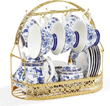 Fanquare Blue Flower Porzellan-Teeservice mit Metallständer, Vintage-Porzellan-Kaffeetasse und Untertasse, englisches Kaffeeset für Erwachsene