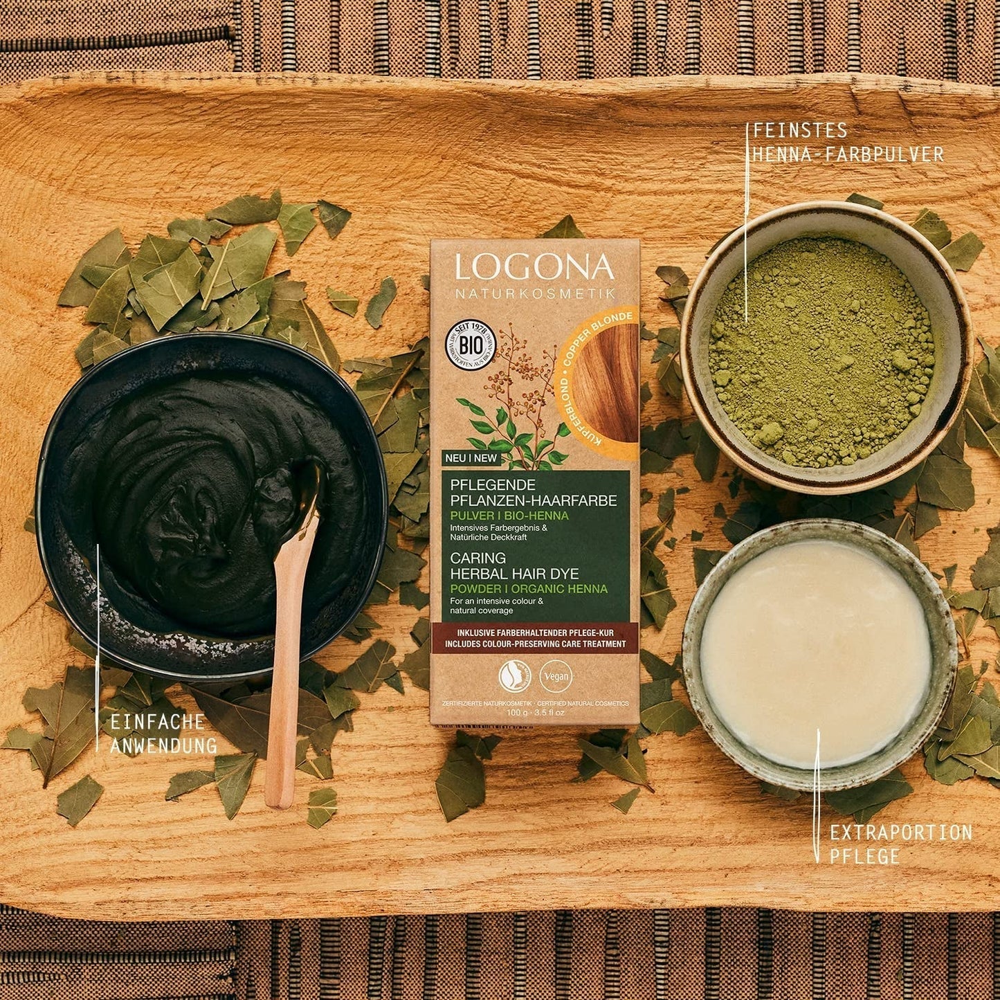 LOGONA Naturkosmetik Kräuter-Pflege-Haarfarbe, Bio-Henna-Pulver, vegane Haarfarbe für intensive Farbe und Glanz, Pflanzen-Haarfarbe in Kupferblond (Blond), 1 x 100 g Naty Shop Haarfarbe