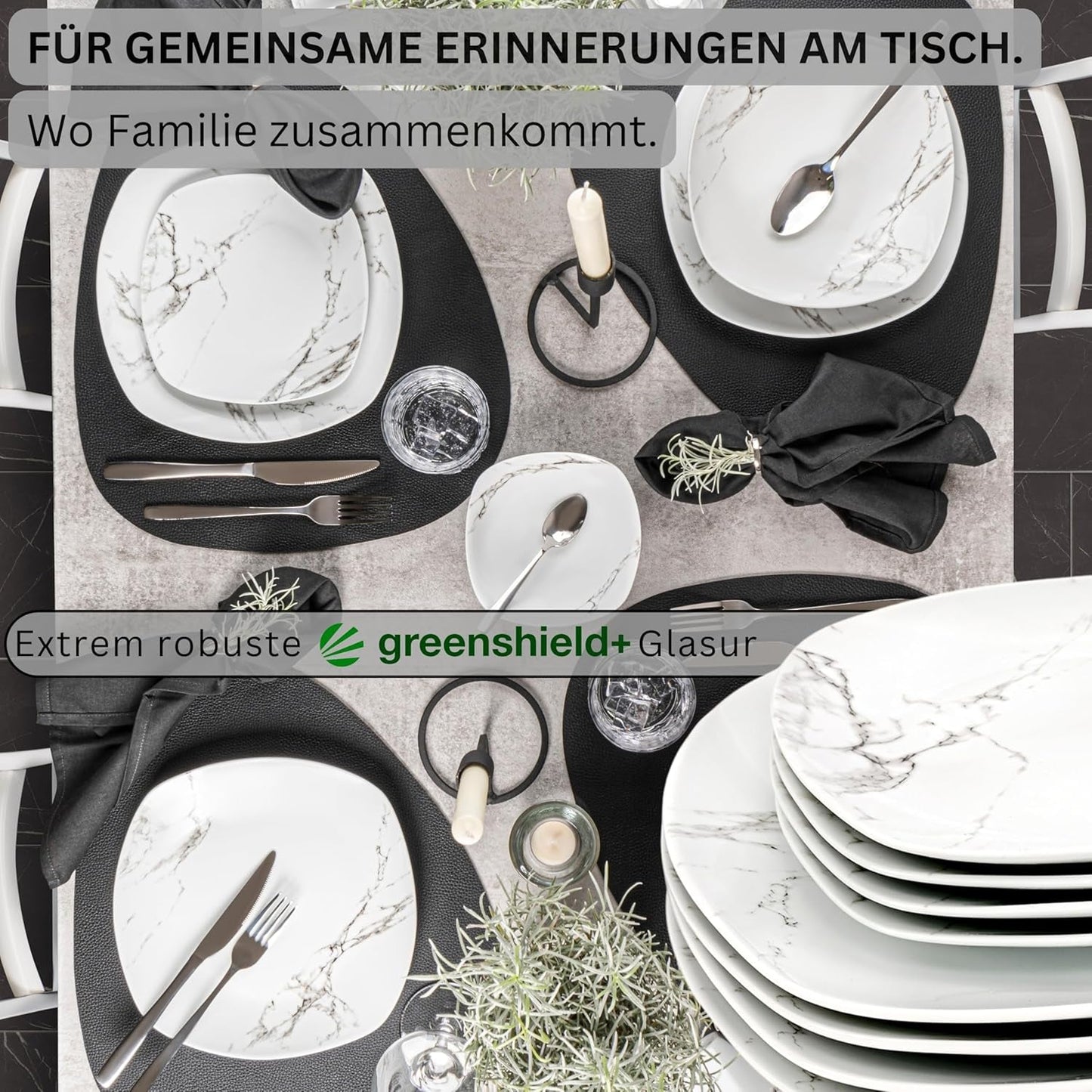 SANGER | Bilgola Marmor-Geschirr-Set, 36-teilig, für 6 Personen, mit Speisetellern, Desserttellern, Suma-Tellern, Müslischalen, Kaffeetellern und Porzellan-Untertassen, quadratisch | DIE PREMIUM-KOLLEKTION
