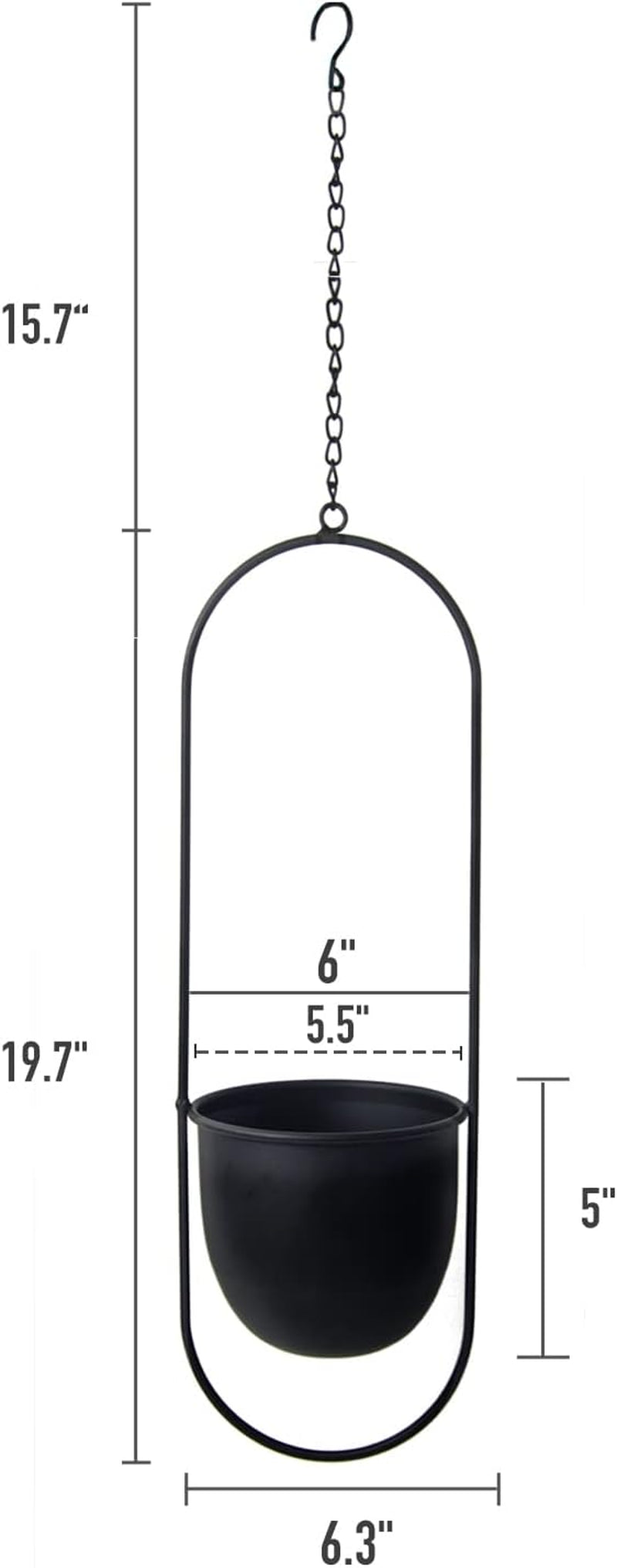 Hängende Blumentöpfe aus Metall, 2 Stück, schwarz, ovaler geometrischer Pflanzenaufhänger mit Töpfen, moderner Wand- und Deckenpflanzer für drinnen und draußen, 15,2 cm, Blumentöpfe 2 Stück