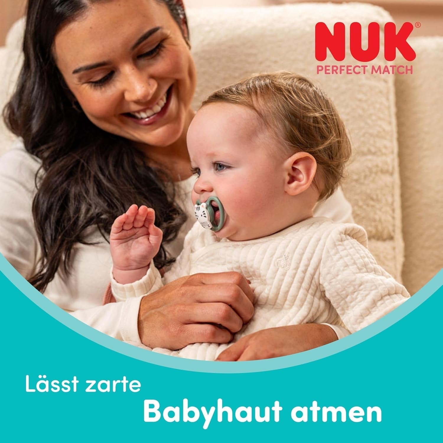 NUK Perfect Match Luftschnuller für Babys | 6-18 Monate | Kieferorthopädische Schnuller, die die Luftzirkulation fördern und durch Speichel verursachte Hautausschläge verhindern | 95 % Akzeptanz bei Babys** | Zebra/Löwe | 2 Stück