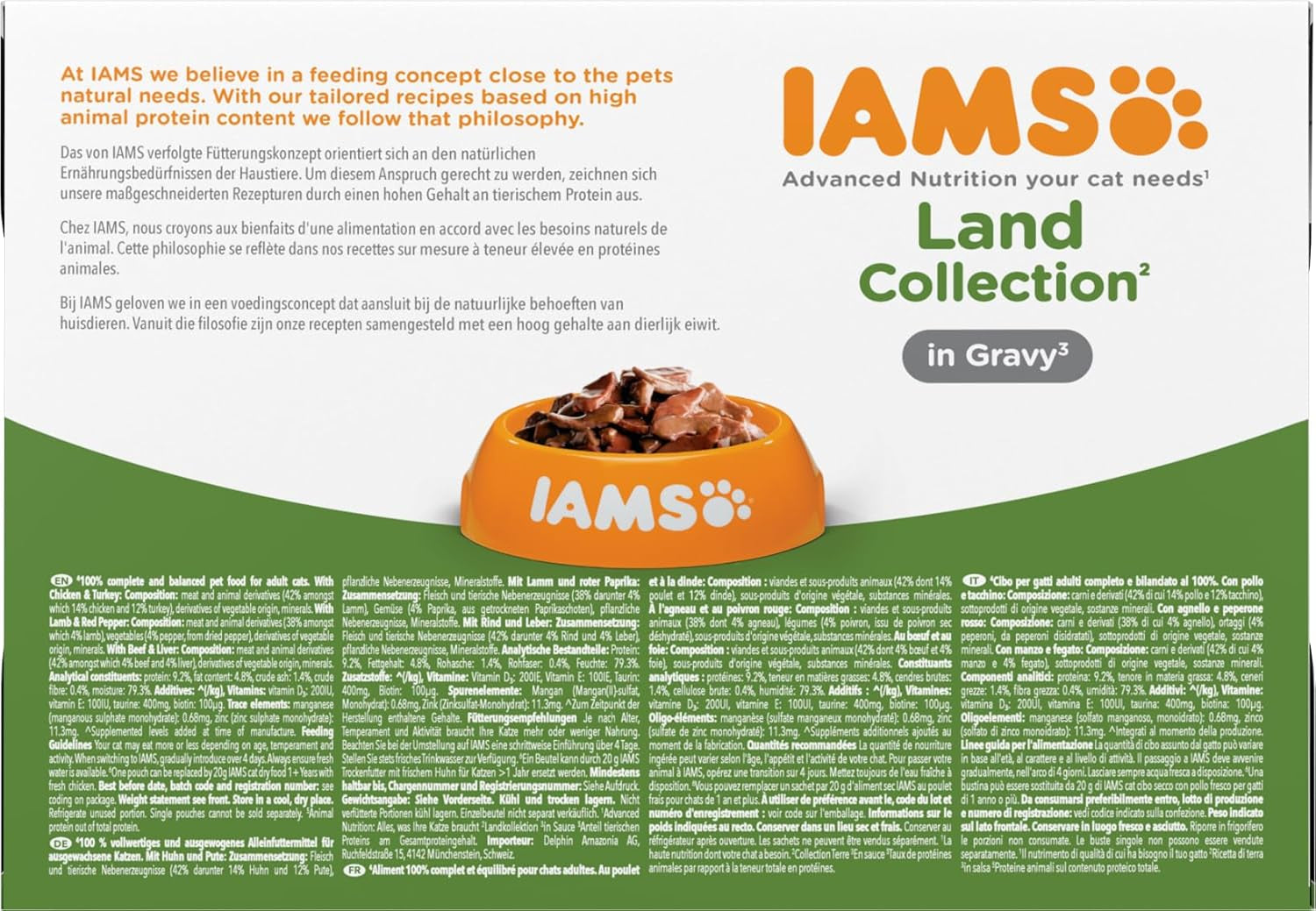 IAMS Delights Land Collection Nassfutter für Katzen – Multipack mit Fleischsorten (Lamm, Rind, Huhn und Pute) in Soße, Nassfutter für Katzen ab 1 Jahr, 12 x 85g