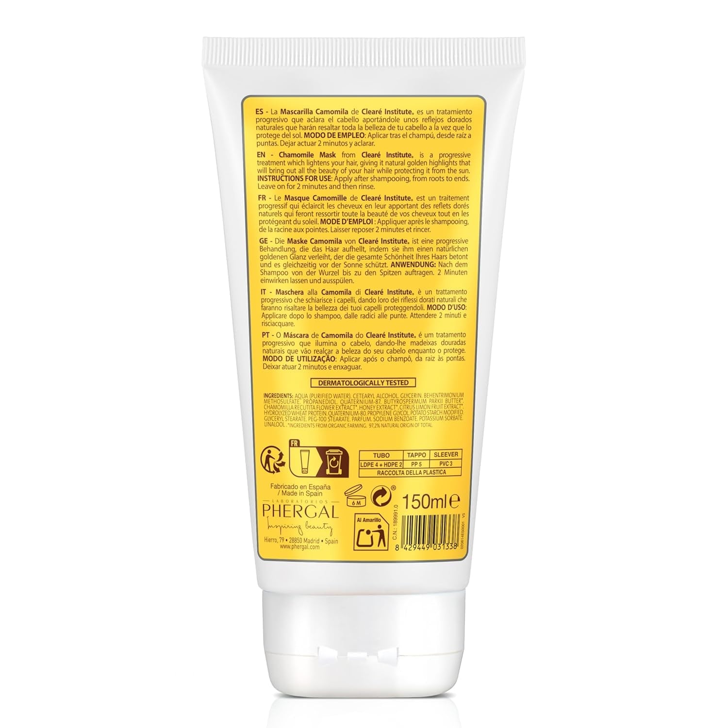 Clearé-Institut | Kamillenmaske | Pflegt, pflegt und entwirrt | Goldener Glanz und Glanz | 97 % natürliche Inhaltsstoffe | Beruhigt die Kopfhaut. Mit Kamillenextrakt | 150 ml Naty Shop Haarmaske