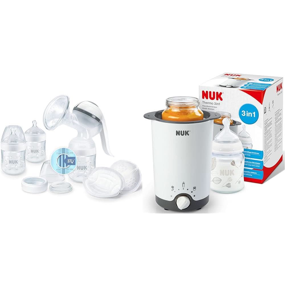 NUK Nature Sense Handmilchpumpe | Stillset mit manueller Milchpumpe, Flaschen und Stilleinlagen Ultra Dry Comfort | 6 Stück Lebensmittel- und Stillzubehör Bebe Naty Shop Paket mit Flaschenwärmer Mit Temperaturkontrolle