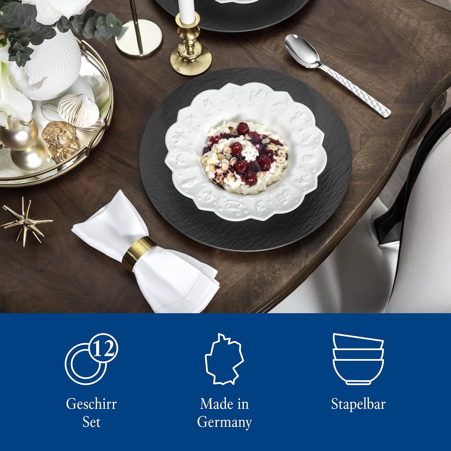 Villeroy & Boch Toy's Delight Royal Classic 12-teiliges Geschirrset, spülmaschinen- und mikrowellengeeignet, weiß, Teller, 4-Personen-Geschirrset, Weihnachtsgeschirr, Spielzeug, Premium-Porzellan