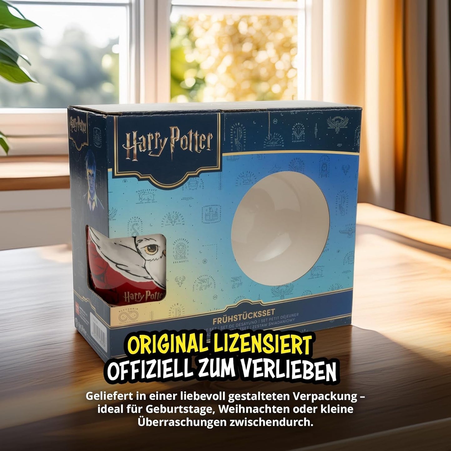 Harry Potter 3-teiliges Geschirrset, rot, Frühstücksset aus Porzellan mit Teller Ø 19 cm, Becher 220 ml und Schüssel 330 ml, Geschirrset