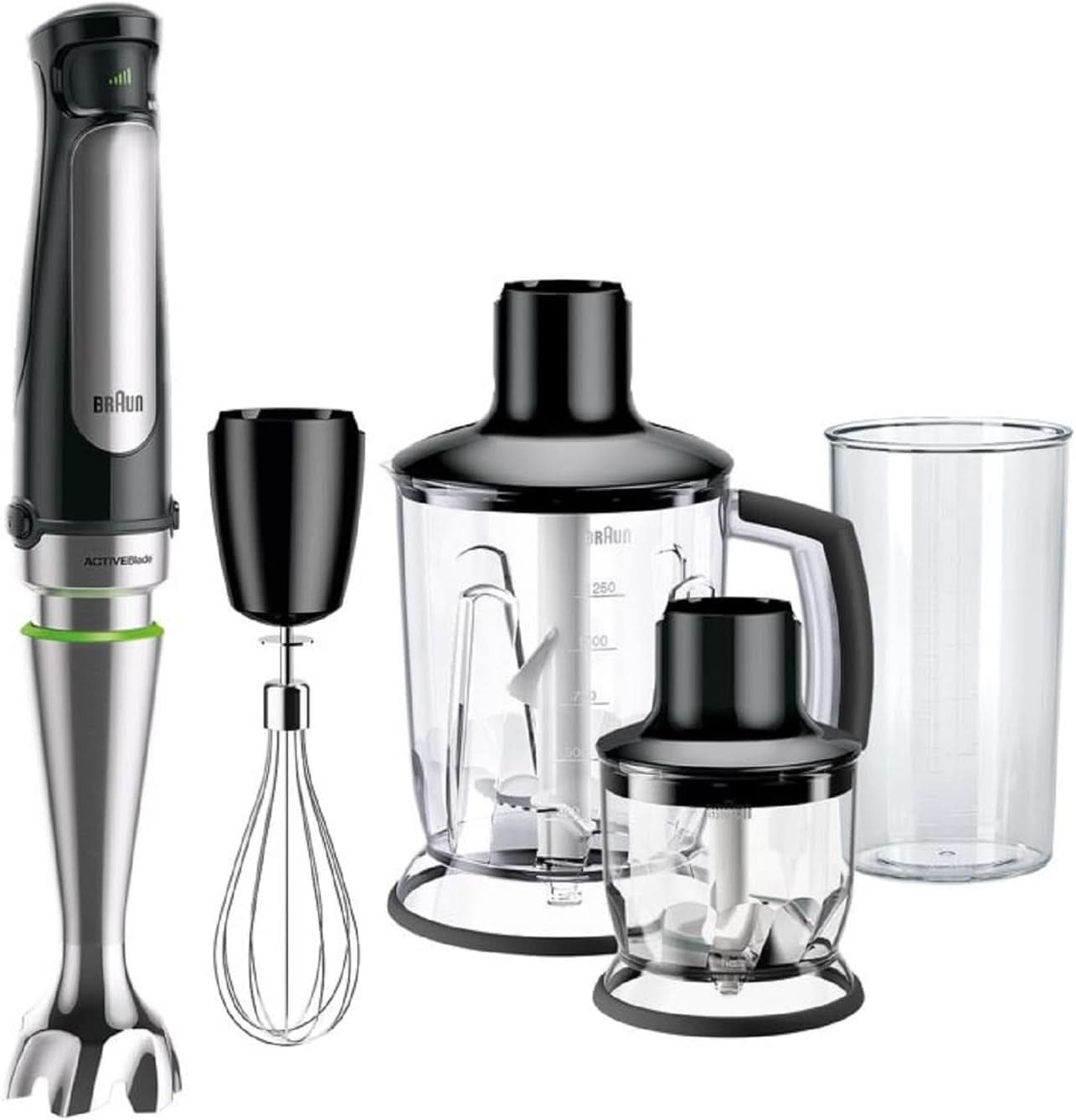 Braun Multiquick 7 MQ 7035X Stabmixer - Pürierstab Mit abnehmbarem Edelstahl Mixfuß Mit Activeblade Technologie Zum Pürieren Der Härtesten Ingredient, Inkl. 3-teiliges Zubehörset, 1000 Watt, Schwarz Kitchen Naty Shop Schwarz Standmixer-Aufsatz