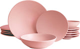 ECHTWERK Vintage-Geschirrset, 12-teilig, natürliches Design „Blanka“, 4 Personen, elegantes strukturiertes Steingut-Geschirrset mit 4 Speisetellern, 4 Beilagentellern und 4 Speisetellern, Rosa