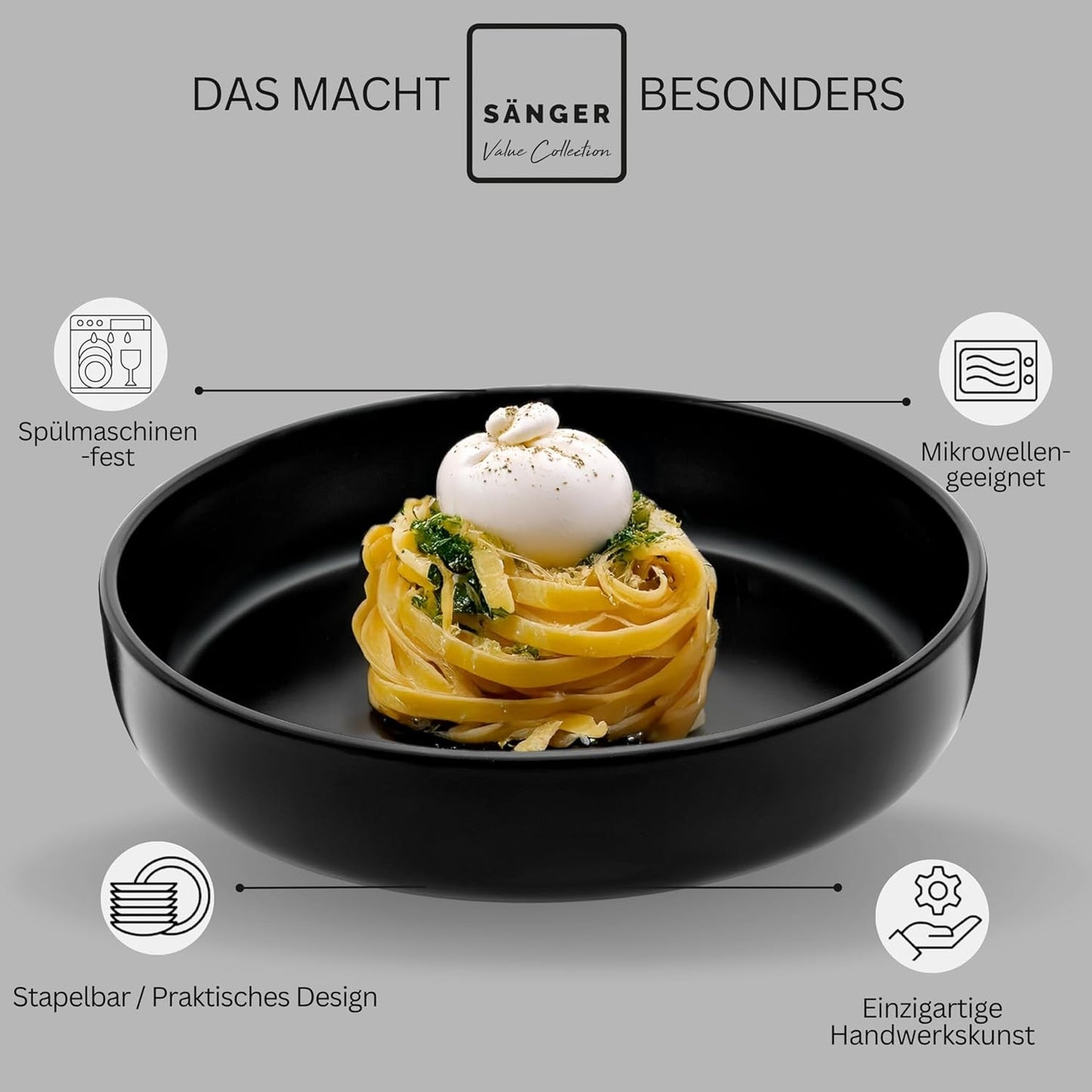 SÄNGER Madeira | 24-teiliges Kombi-Geschirrset, Steinzeug-Geschirrset für 6 Personen, 6 Speiseteller, 6 Frühstücksteller, 6 Speiseteller, 6 Nudelschalen, Geschirr- und Schüsselset, Mattschwarz | DIE VALUE-KOLLEKTION