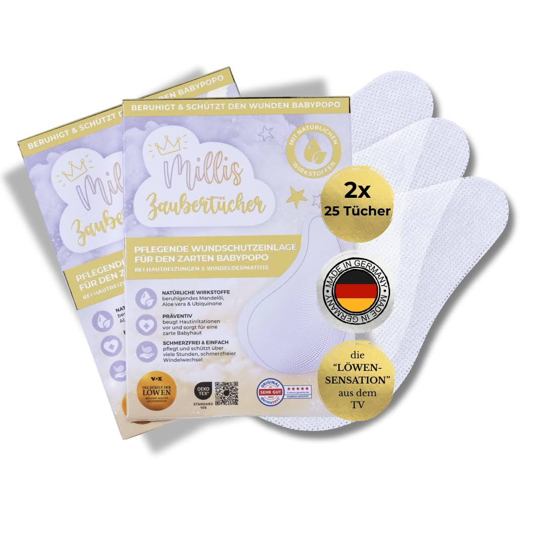 Millis Zaubertücher bei Windeldermatitis Baby, bekannt aus „Die Höhle der Löwen“, 25 Tücher (1 x 25er) mit Aloe Vera, Mandelöl & Q10 – Pflegt, schützt & dient als Wundschutz bei gereizter Haut