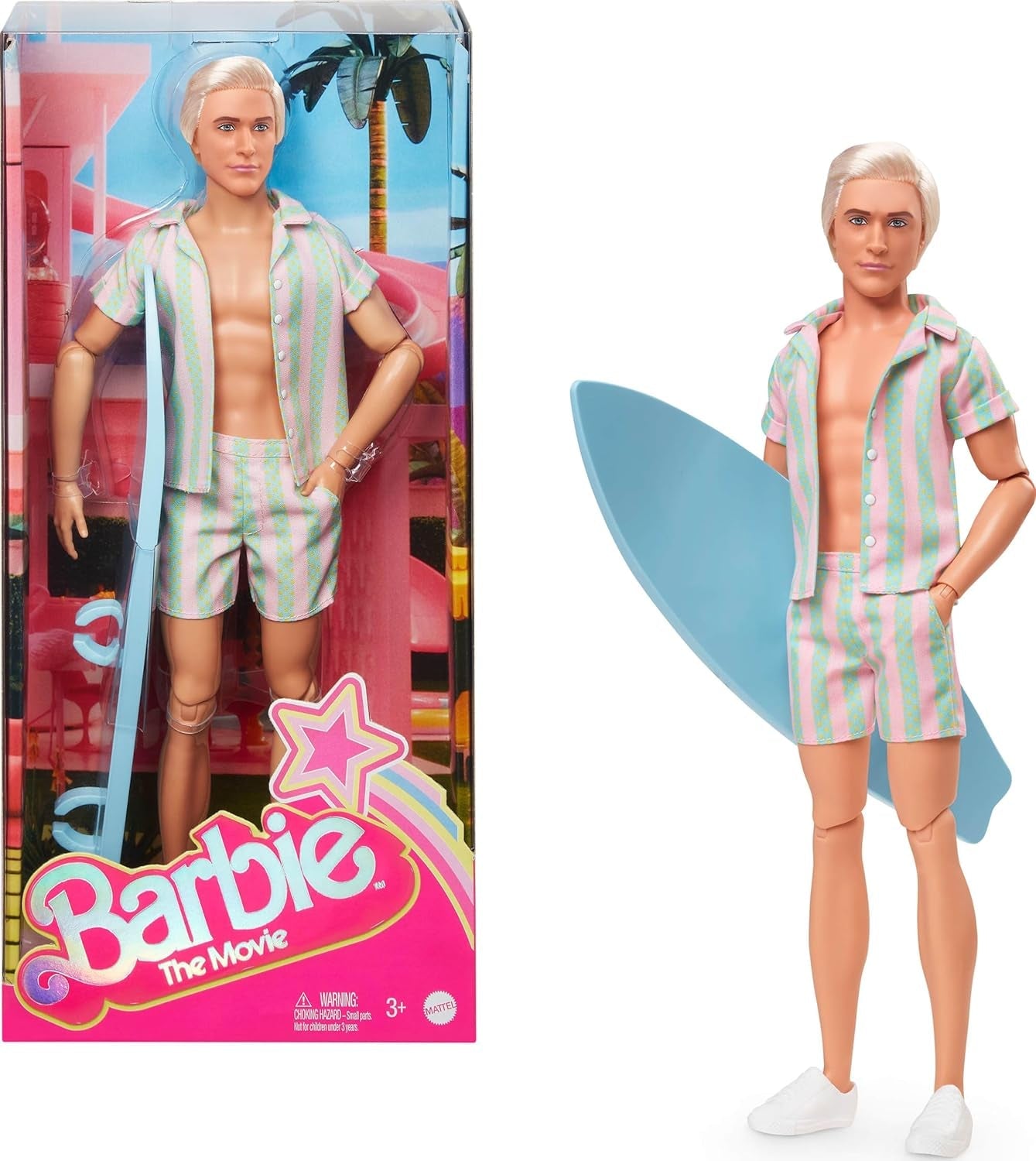 Barbie Movie Ken Barbie-Puppe in pastellrosa und grün gestreifter Strandkleidung, Surfbrett und weißen Turnschuhen, JBJ54