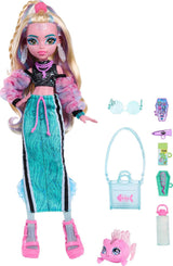 Monster High Lagoona Blue Neptuna Fish Short Top und Sport-Maxirock-Puppe mit 7 Accessoires, darunter Muschel-Sonnenbrille, Snack und Tasche, JHK33