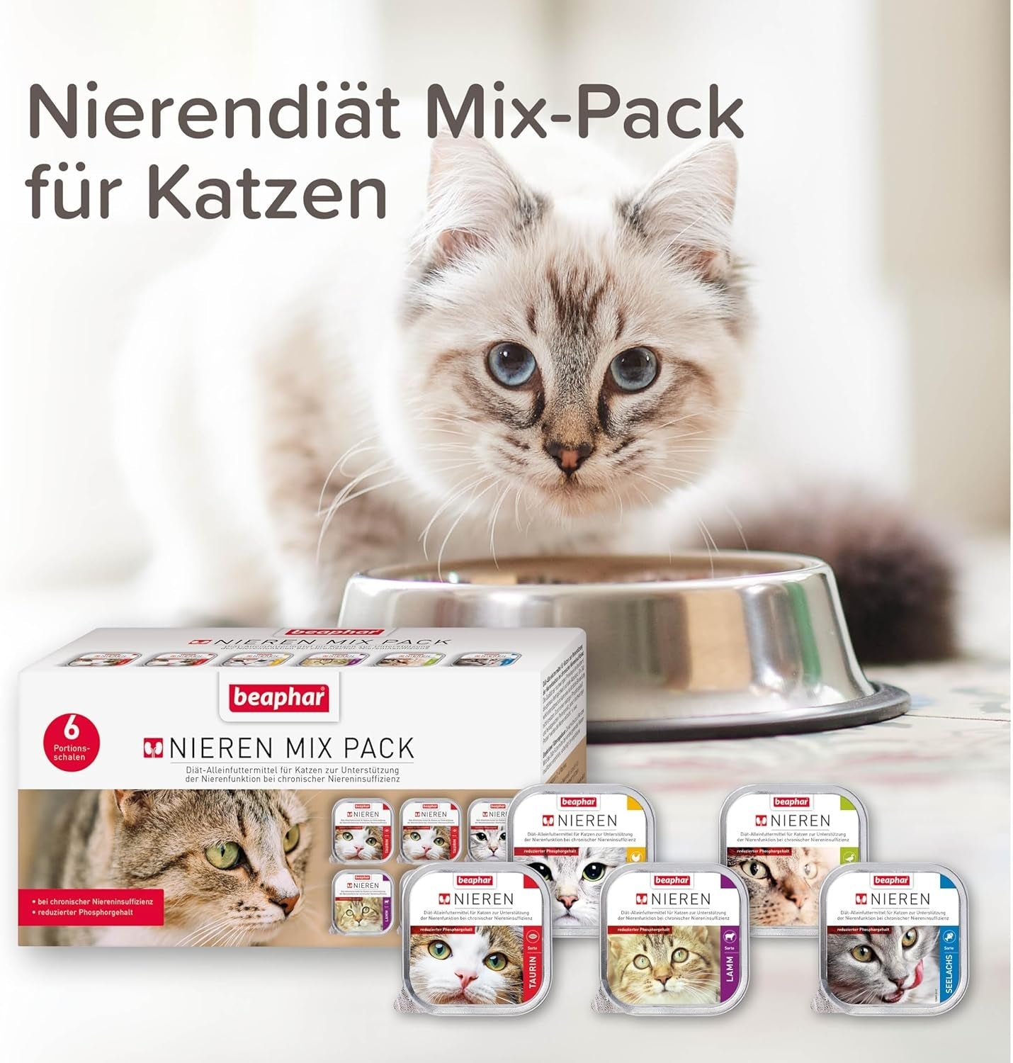 BEAPHAR – Renal Diet Mixed Package – Alleinfuttermittel für Katzen mit chronischer Niereninsuffizienz – Zur Unterstützung der Nierenfunktion – 6 x 100 g
