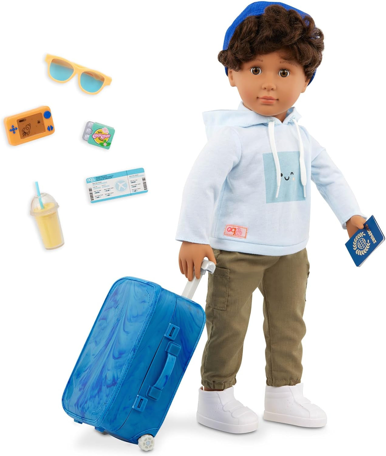 Our Generation – Milo – 46 cm große Jungenpuppe – lebensechte braune Augen und lockiges braunes Haar – Rollgepäck und Reisezubehör – Rollenspiel – Spielzeug für Kinder ab 3 Jahren