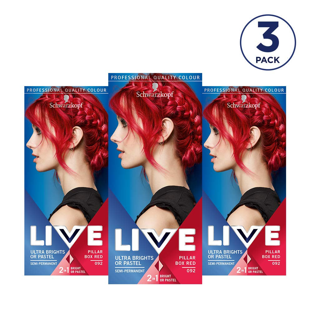 Live Ultra Bright oder Pastell Red Haarfärbemittel, 3 Stück, semipermanente Farbe, hält bis zu 15 Haarwäschen – 092 Pillar Box Red Naty Shop Haarfärbemittel