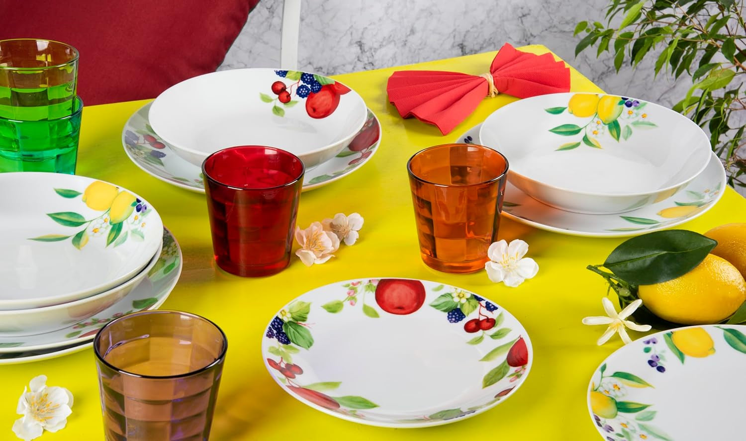 Excelsa Lemon Geschirrset, 18-teilig, Porzellan, Weiß/Zitrone